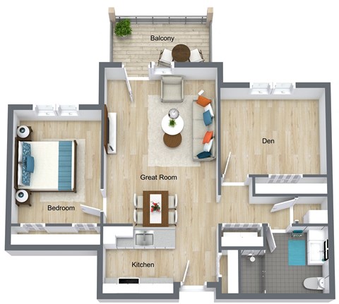 Floor plan for 1 bed, 1 bath, 887 sqft